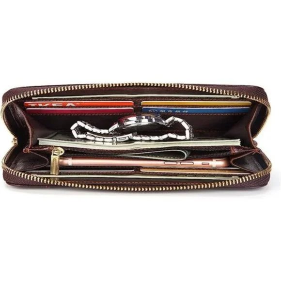 Mens Long Wallet Leather Coffee Zipper Wallet - Picture 4 of 6